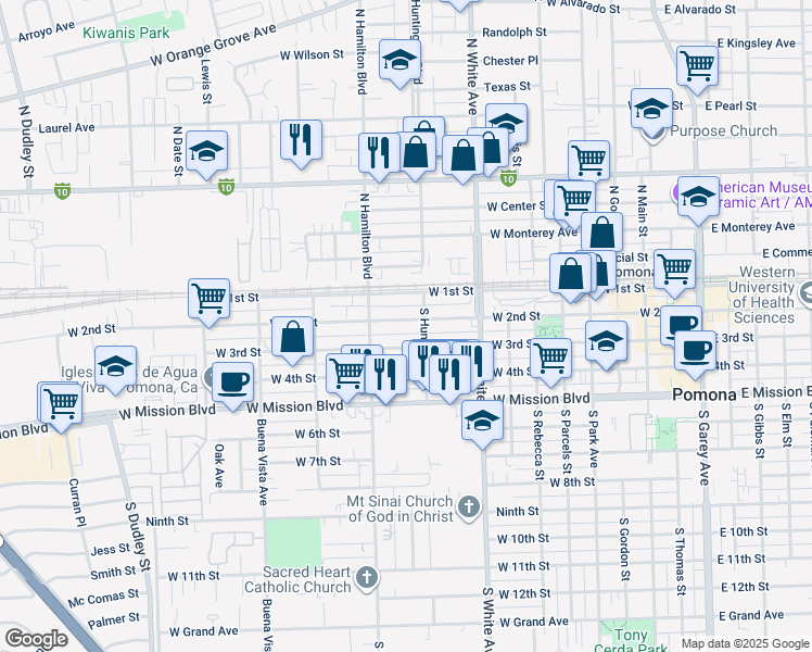 map of restaurants, bars, coffee shops, grocery stores, and more near 1036 West 2nd Street in Pomona