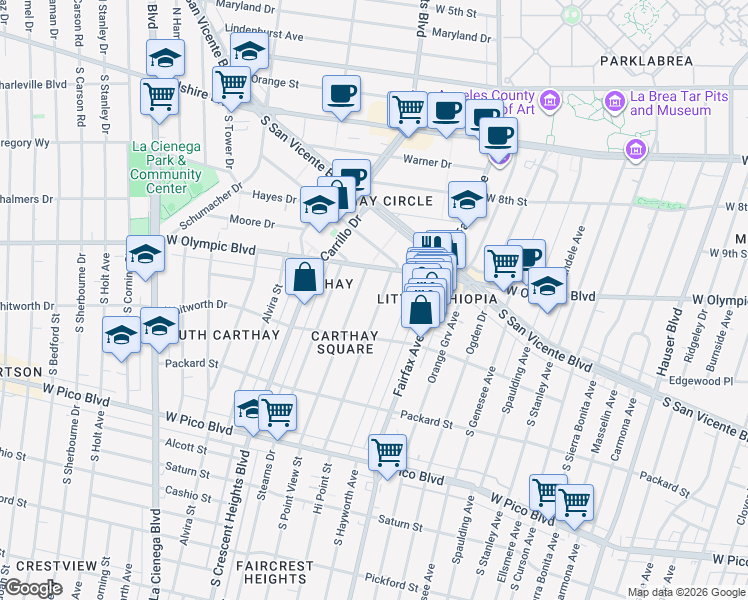 map of restaurants, bars, coffee shops, grocery stores, and more near 1036 Hi Point Street in Los Angeles