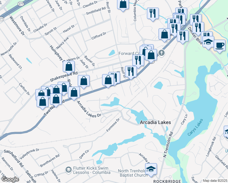map of restaurants, bars, coffee shops, grocery stores, and more near 291 Berry Tree Ln in Columbia