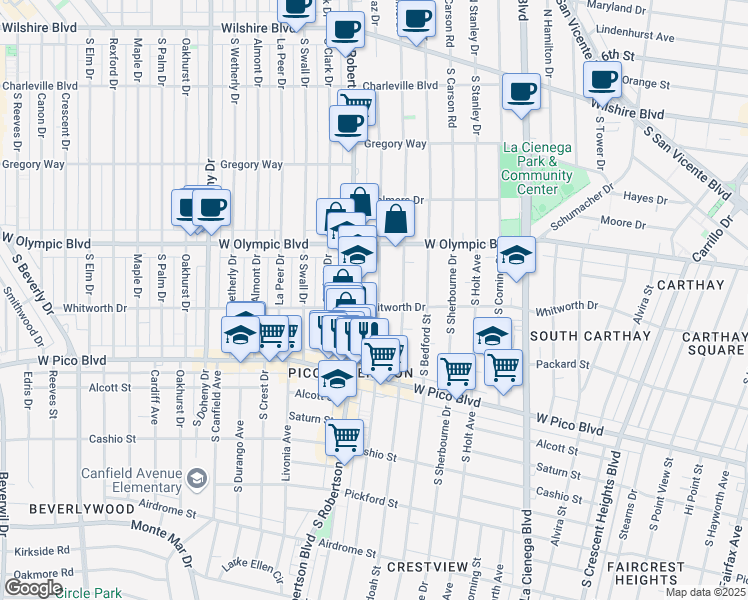 map of restaurants, bars, coffee shops, grocery stores, and more near 1059 South Wooster Street in Los Angeles