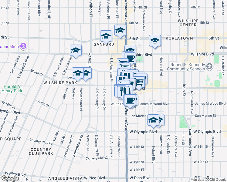 map of restaurants, bars, coffee shops, grocery stores, and more near 820 South Saint Andrews Place in Los Angeles