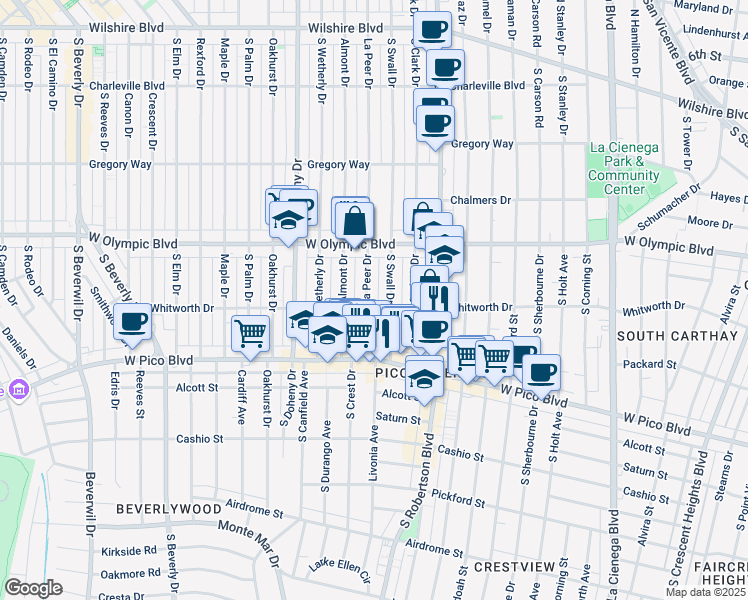 map of restaurants, bars, coffee shops, grocery stores, and more near 465 South Swall Drive in Beverly Hills
