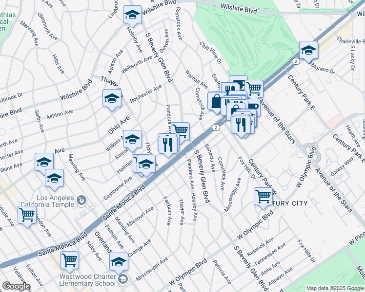 map of restaurants, bars, coffee shops, grocery stores, and more near 10417 California 2 in Los Angeles