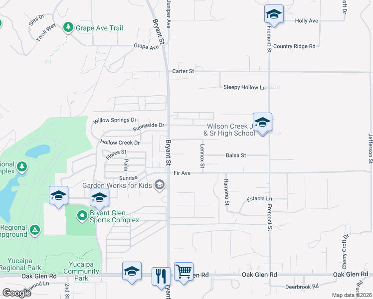 map of restaurants, bars, coffee shops, grocery stores, and more near 35356 Bryant Court in Yucaipa