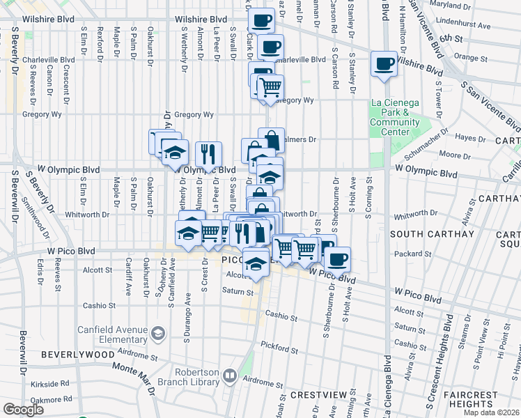 map of restaurants, bars, coffee shops, grocery stores, and more near 466a South Clark Drive in Beverly Hills