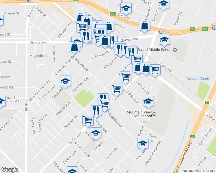 map of restaurants, bars, coffee shops, grocery stores, and more near 2808 Maxson Road in El Monte