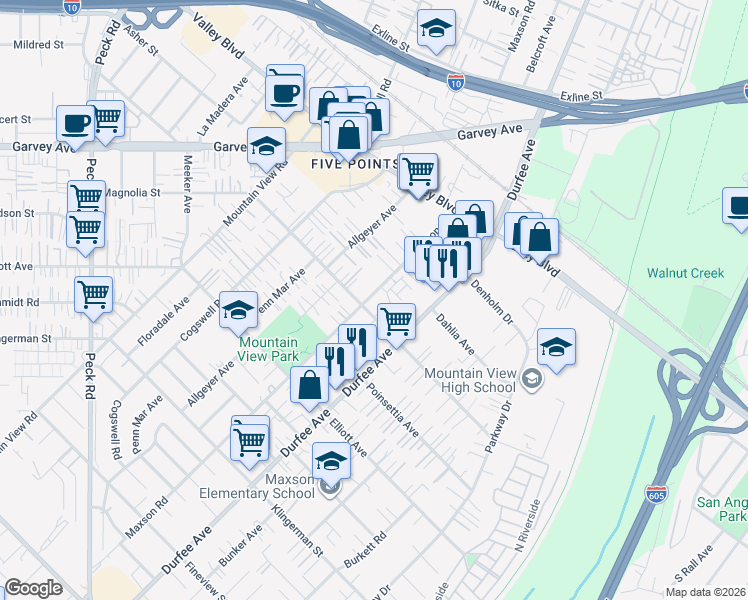 map of restaurants, bars, coffee shops, grocery stores, and more near 2810 Maxson Road in El Monte