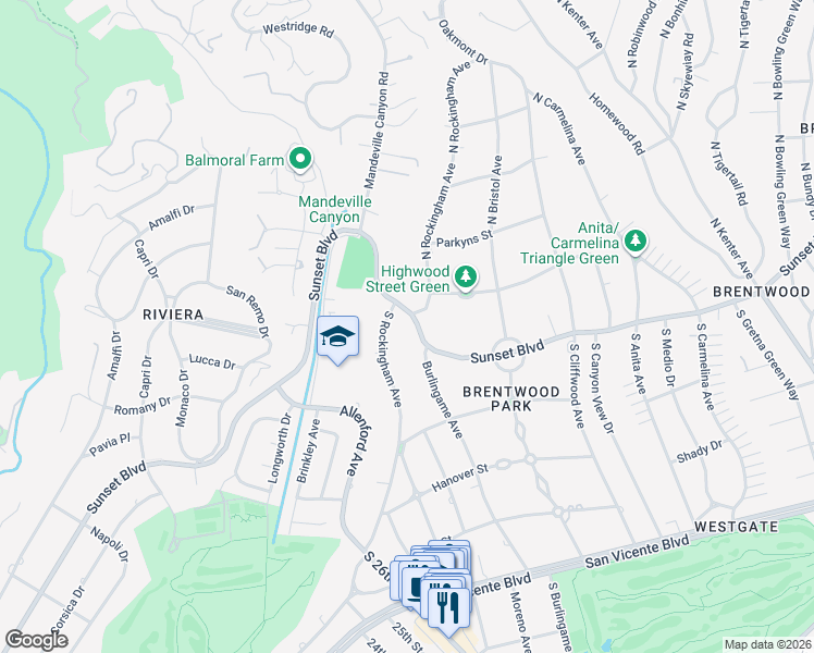 map of restaurants, bars, coffee shops, grocery stores, and more near 106 South Rockingham Avenue in Los Angeles