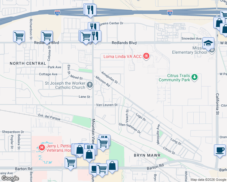 map of restaurants, bars, coffee shops, grocery stores, and more near 25839 Mission Road in Loma Linda