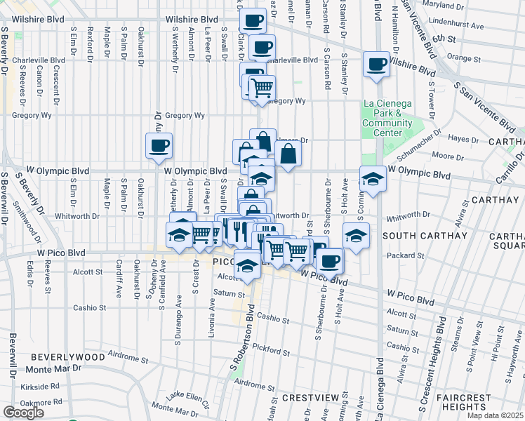 map of restaurants, bars, coffee shops, grocery stores, and more near 1059 South Wooster Street in Los Angeles
