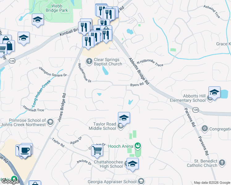 map of restaurants, bars, coffee shops, grocery stores, and more near 5101 Byers Rd in Alpharetta