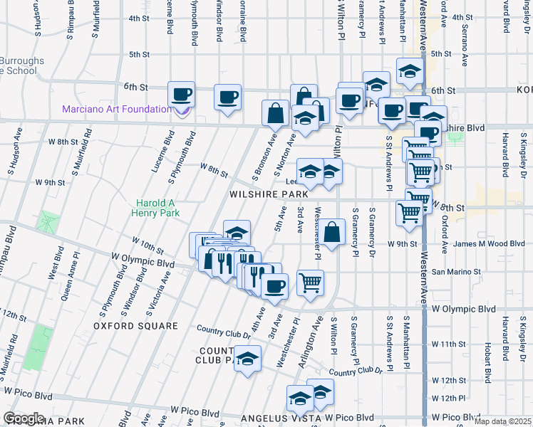map of restaurants, bars, coffee shops, grocery stores, and more near 830 South Norton Avenue in Los Angeles