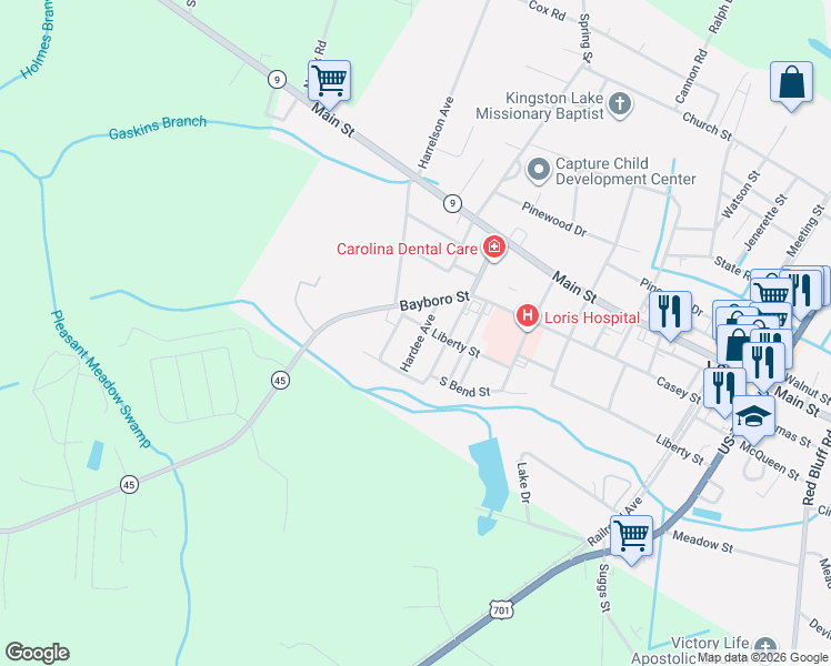 map of restaurants, bars, coffee shops, grocery stores, and more near 3544 Harrelson Avenue in Loris