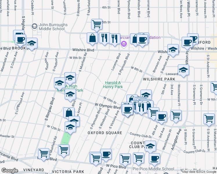 map of restaurants, bars, coffee shops, grocery stores, and more near 901 South Plymouth Boulevard in Los Angeles