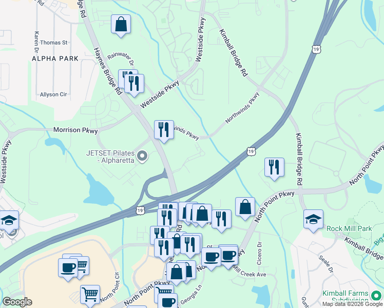 map of restaurants, bars, coffee shops, grocery stores, and more near 11385 Haynes Bridge Rd in Alpharetta
