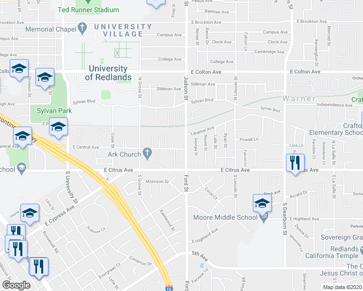 map of restaurants, bars, coffee shops, grocery stores, and more near 204 Craig Court in Redlands