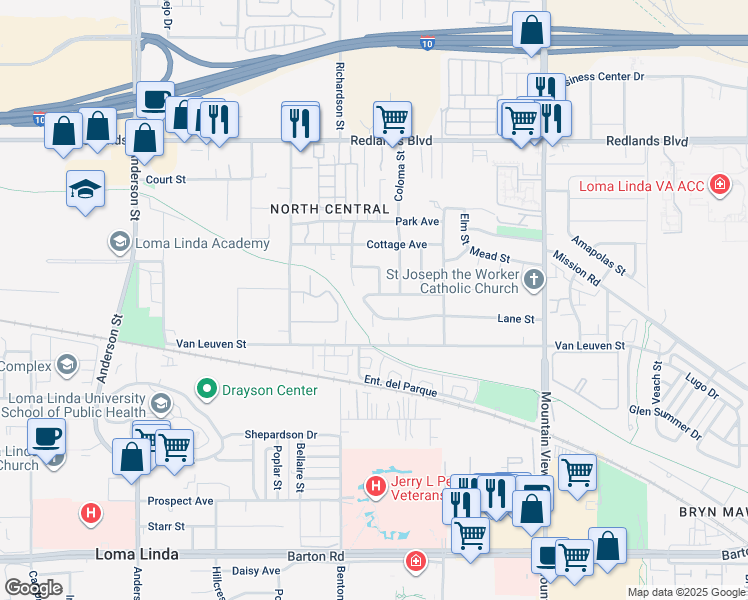 map of restaurants, bars, coffee shops, grocery stores, and more near 25387 State Street in Loma Linda