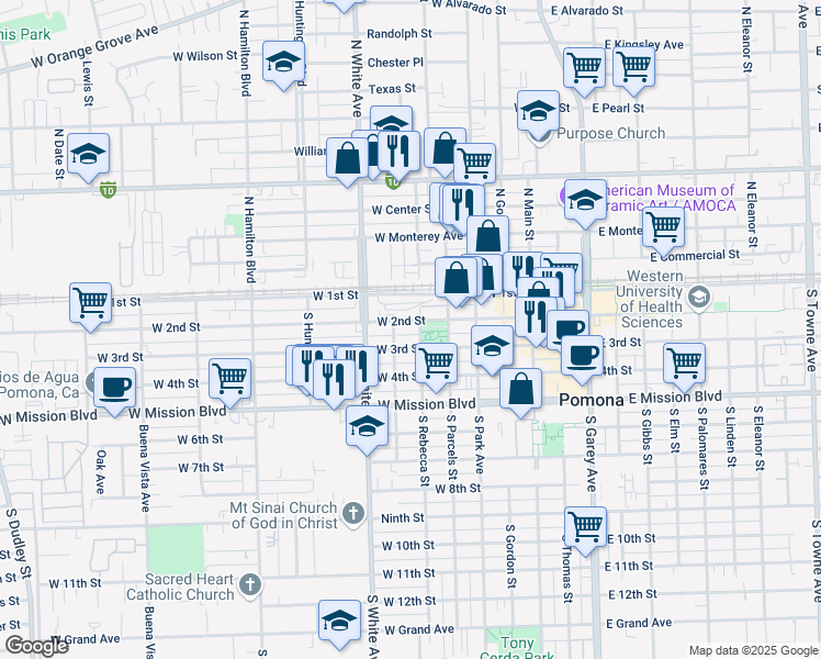 map of restaurants, bars, coffee shops, grocery stores, and more near 784 West 2nd Street in Pomona