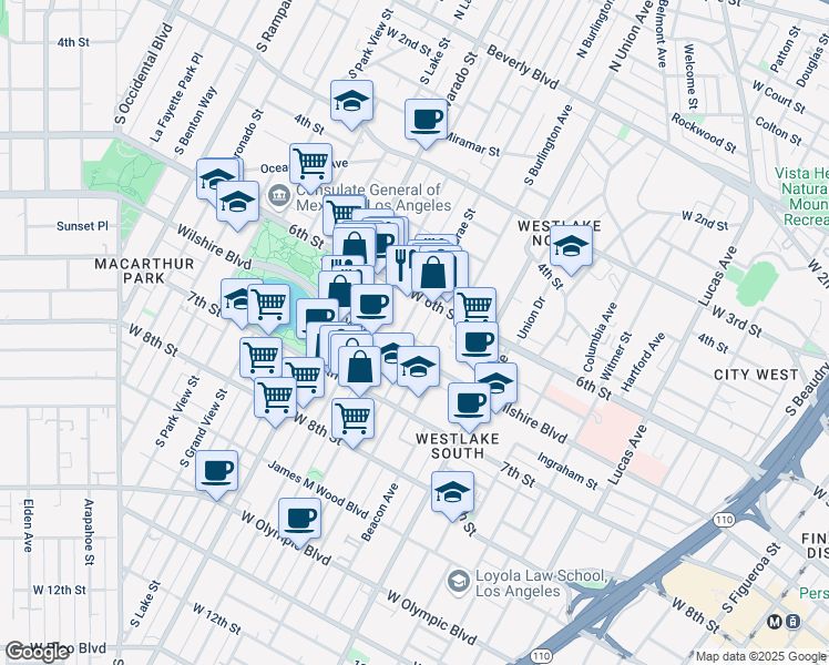 map of restaurants, bars, coffee shops, grocery stores, and more near 631 South Bonnie Brae Street in Los Angeles
