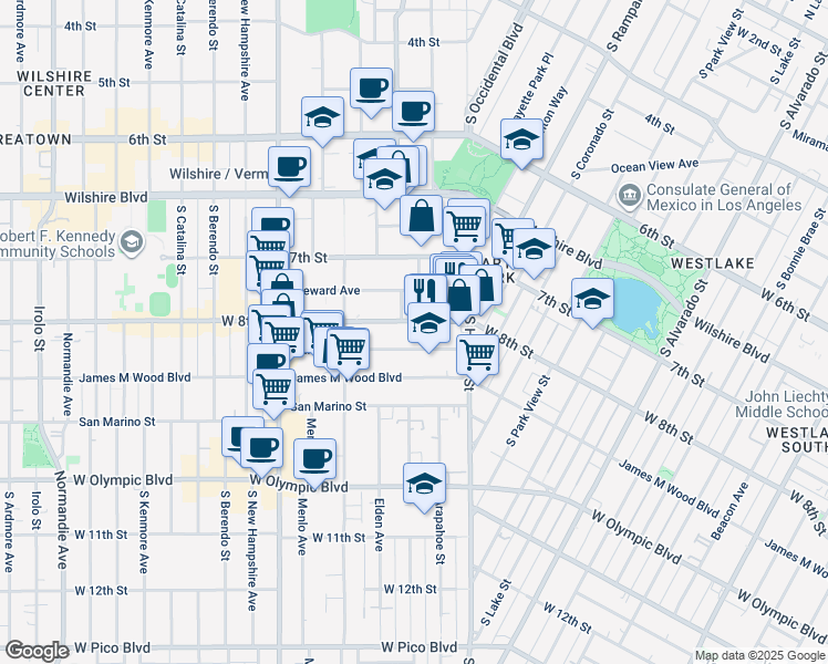 map of restaurants, bars, coffee shops, grocery stores, and more near 2802 West 8th Street in Los Angeles