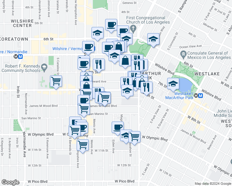 map of restaurants, bars, coffee shops, grocery stores, and more near 2802 West 8th Street in Los Angeles