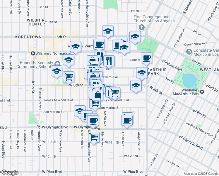 map of restaurants, bars, coffee shops, grocery stores, and more near 2936 West 8th Street in Los Angeles