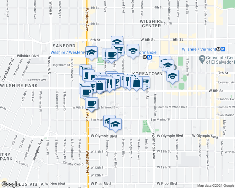 map of restaurants, bars, coffee shops, grocery stores, and more near 808 South Hobart Boulevard in Los Angeles