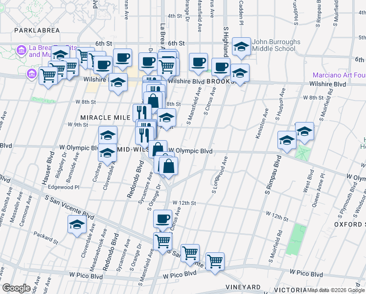 map of restaurants, bars, coffee shops, grocery stores, and more near 958 South Mansfield Avenue in Los Angeles