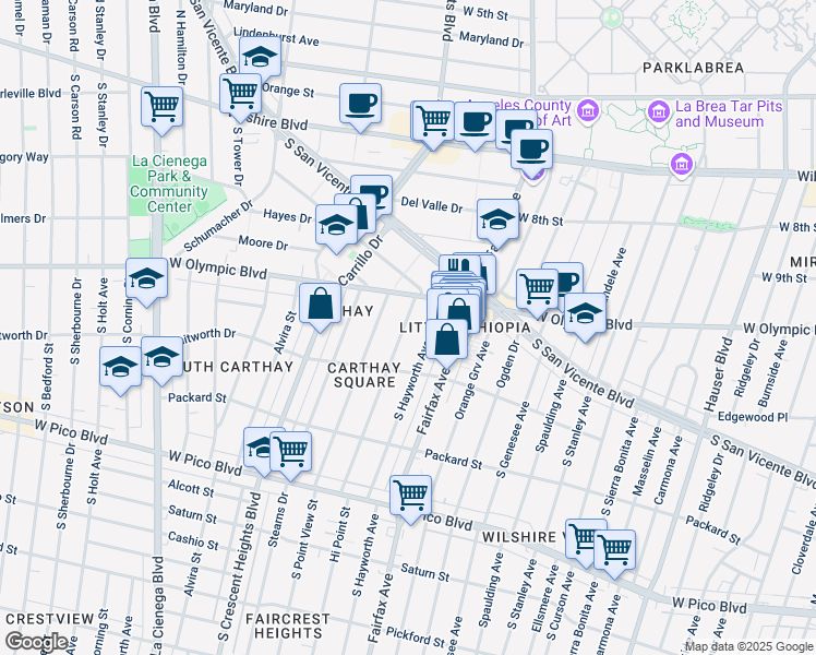 map of restaurants, bars, coffee shops, grocery stores, and more near 1036 Hi Point Street in Los Angeles