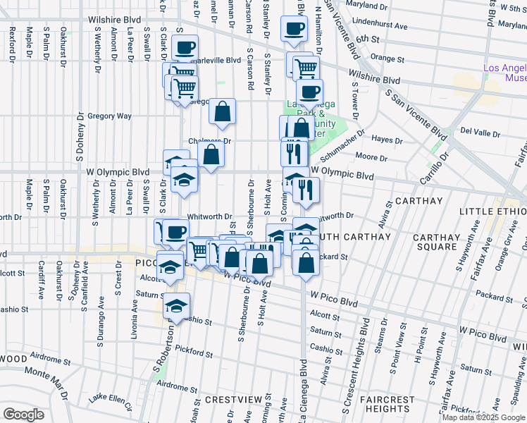 map of restaurants, bars, coffee shops, grocery stores, and more near 1059 South Holt Avenue in Los Angeles