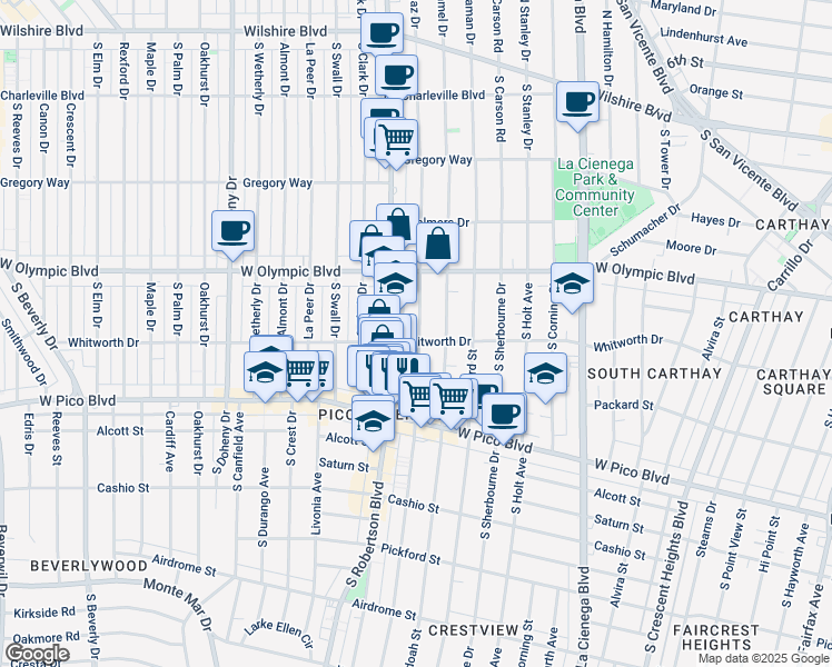 map of restaurants, bars, coffee shops, grocery stores, and more near 1059 South Wooster Street in Los Angeles