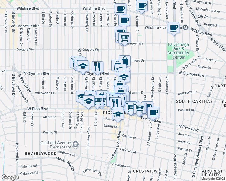 map of restaurants, bars, coffee shops, grocery stores, and more near 466a South Clark Drive in Beverly Hills