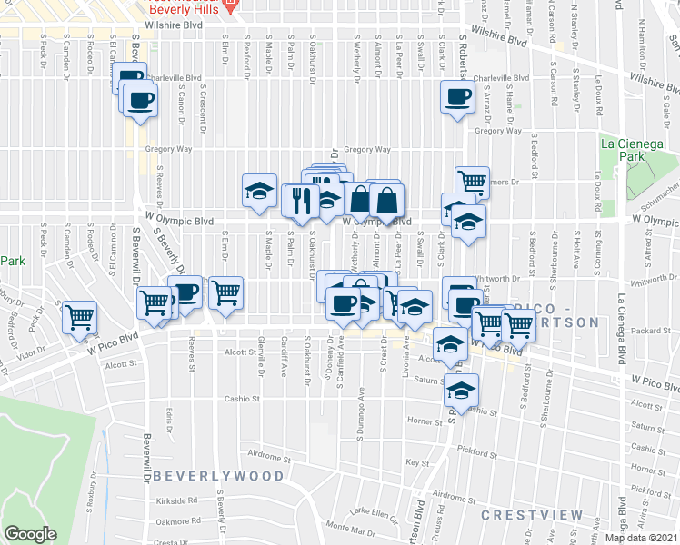 map of restaurants, bars, coffee shops, grocery stores, and more near 461 South Wetherly Drive in Beverly Hills
