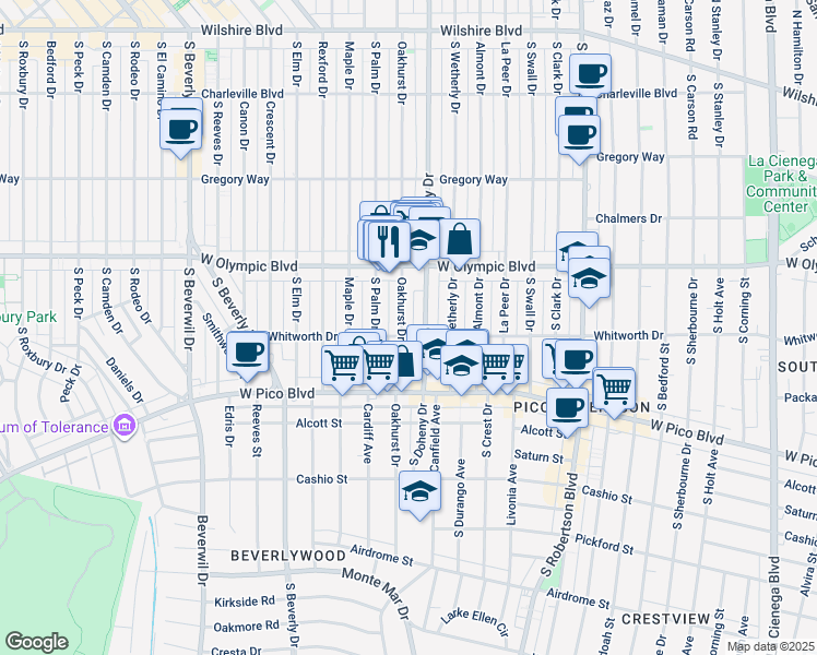 map of restaurants, bars, coffee shops, grocery stores, and more near 454 South Oakhurst Drive in Beverly Hills