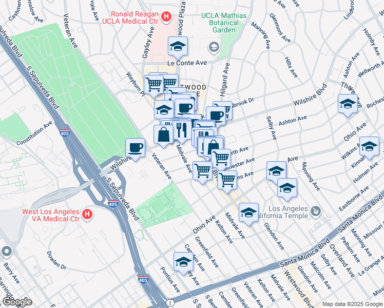 map of restaurants, bars, coffee shops, grocery stores, and more near 10933 Ashton Avenue in Los Angeles