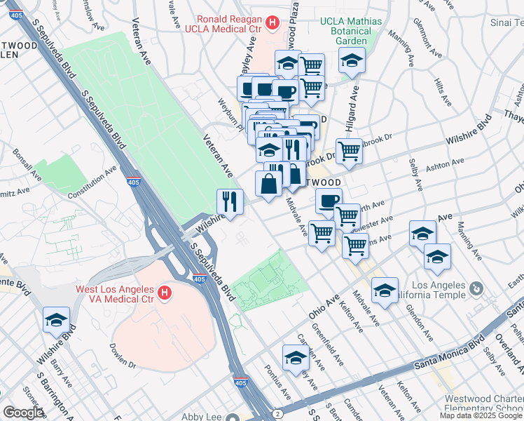 map of restaurants, bars, coffee shops, grocery stores, and more near 9513 Veteran Avenue in Los Angeles