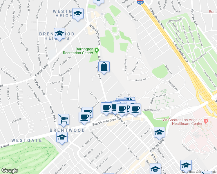 map of restaurants, bars, coffee shops, grocery stores, and more near 11645 Chenault Street in Los Angeles