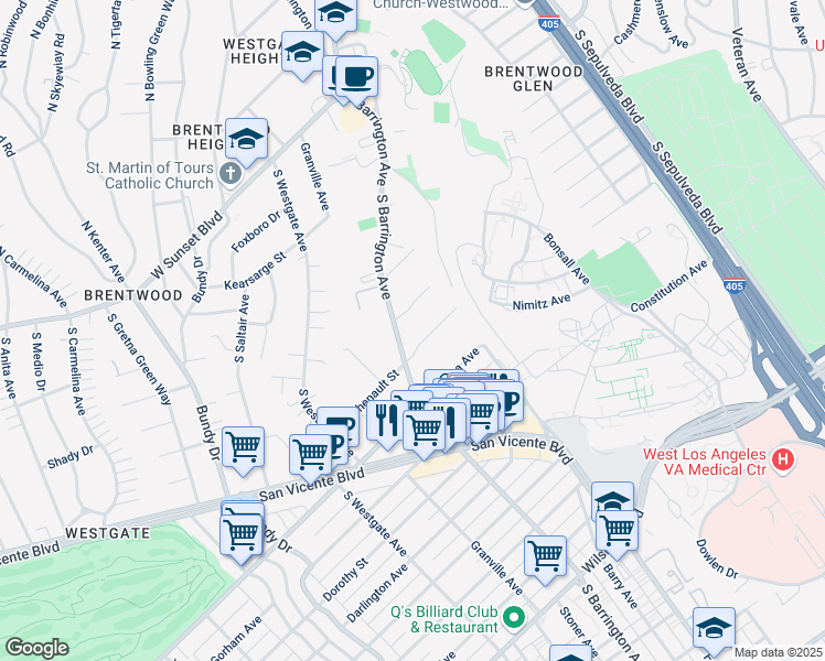 map of restaurants, bars, coffee shops, grocery stores, and more near 11645 Chenault Street in Los Angeles
