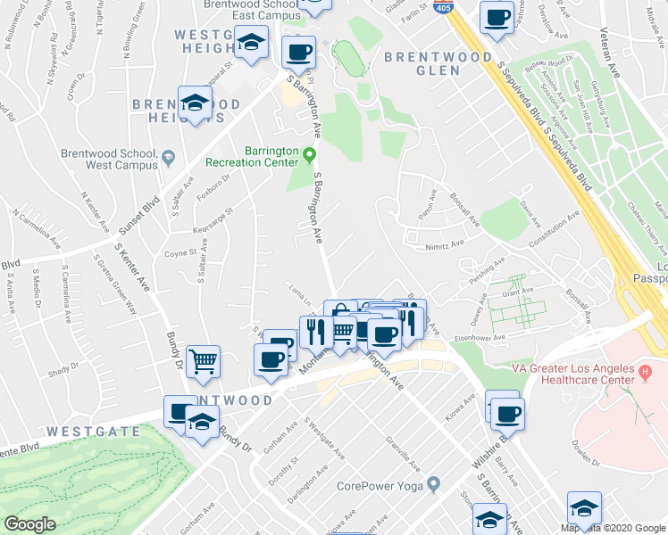 map of restaurants, bars, coffee shops, grocery stores, and more near 11645 Chenault Street in Los Angeles
