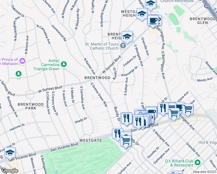 map of restaurants, bars, coffee shops, grocery stores, and more near 310 South Bundy Drive in Los Angeles