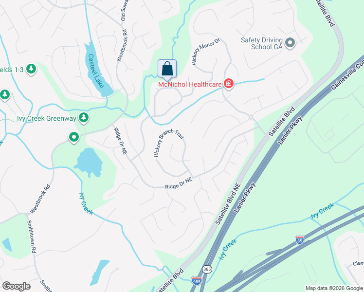 map of restaurants, bars, coffee shops, grocery stores, and more near 3580 Hickory Branch Trail in Suwanee