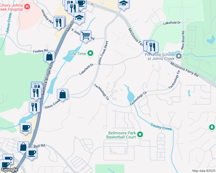 map of restaurants, bars, coffee shops, grocery stores, and more near 400 Renwood Trail in Johns Creek