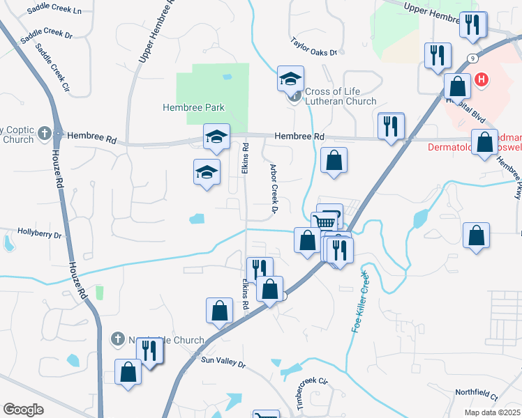 map of restaurants, bars, coffee shops, grocery stores, and more near 525 Arbor Creek Court in Roswell