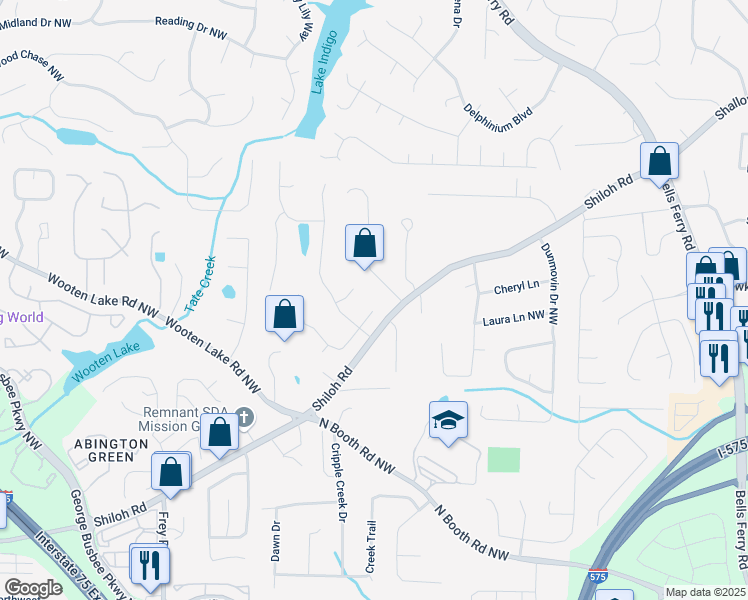 map of restaurants, bars, coffee shops, grocery stores, and more near 744 Edgewater Lane Northwest in Kennesaw