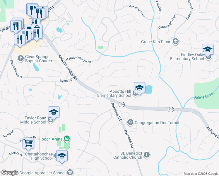 map of restaurants, bars, coffee shops, grocery stores, and more near 5453 Laurel Ridge Drive in Alpharetta