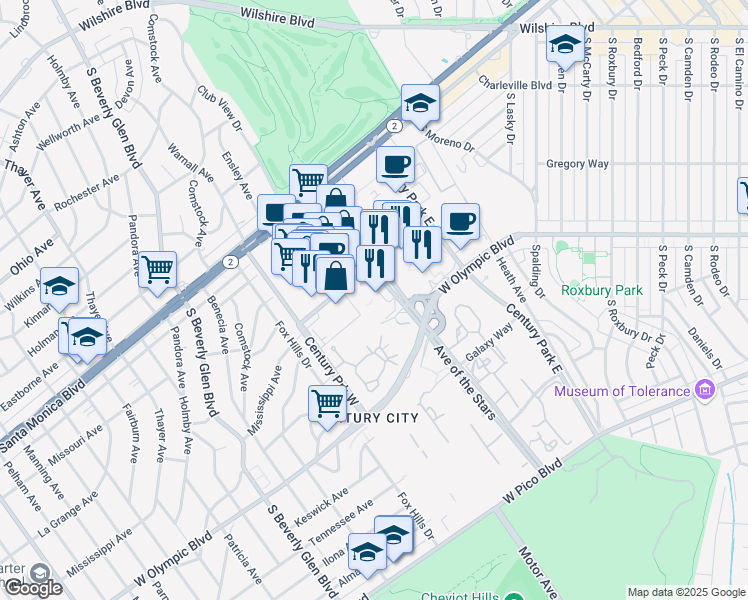 map of restaurants, bars, coffee shops, grocery stores, and more near Elm Court in Los Angeles