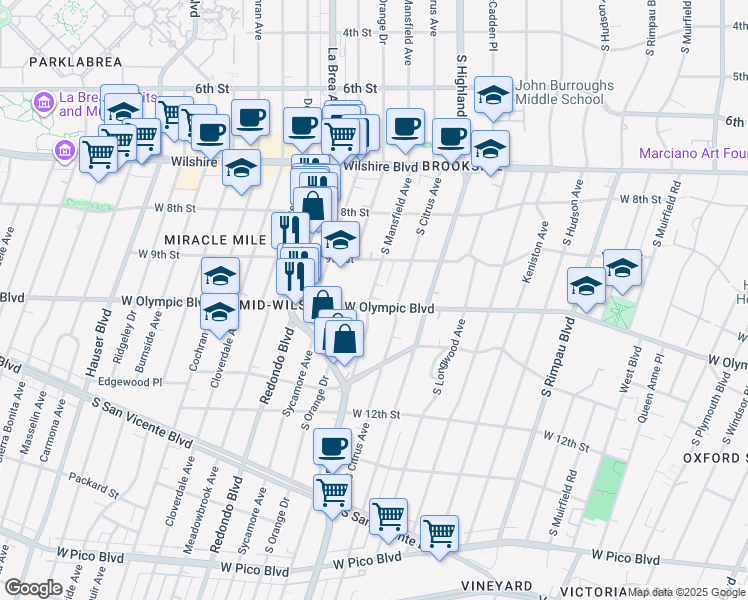 map of restaurants, bars, coffee shops, grocery stores, and more near 958 South Mansfield Avenue in Los Angeles