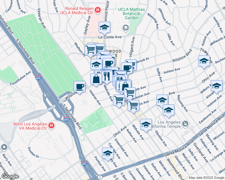 map of restaurants, bars, coffee shops, grocery stores, and more near 10933 Ashton Avenue in Los Angeles