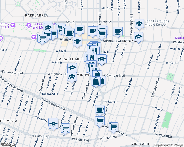map of restaurants, bars, coffee shops, grocery stores, and more near 5273 West Olympic Boulevard in Los Angeles