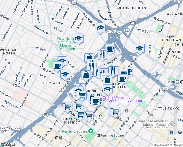 map of restaurants, bars, coffee shops, grocery stores, and more near 160 South Figueroa Street in Los Angeles
